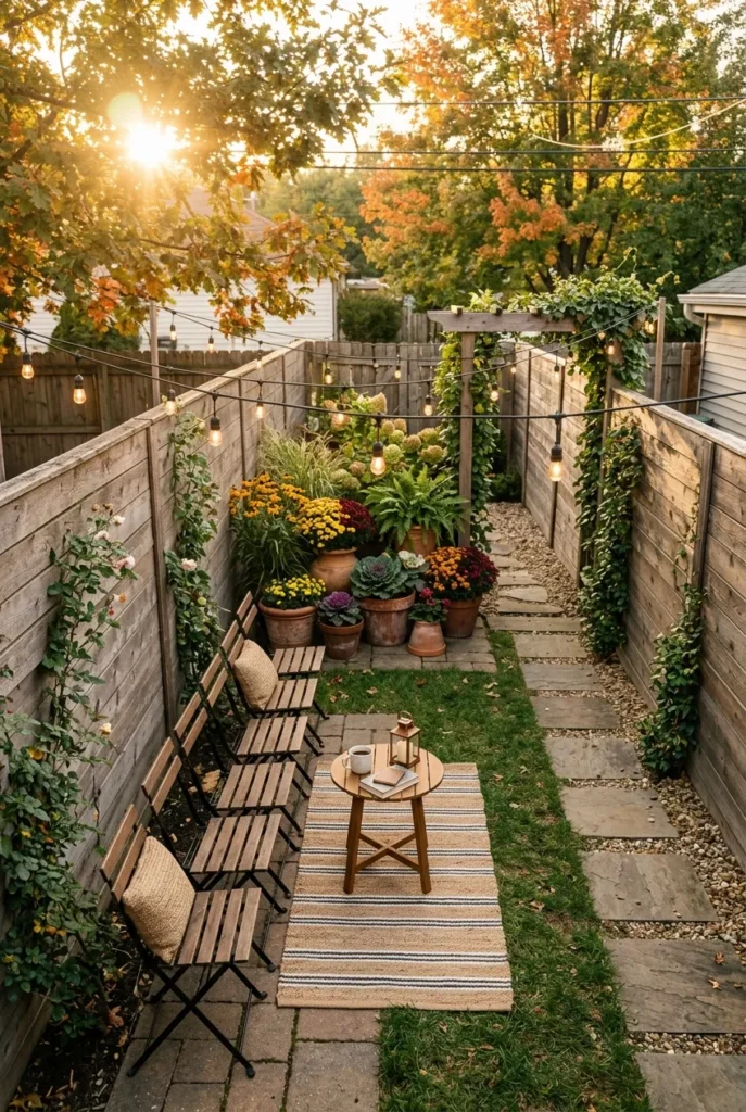 Galley narrow small backyard layout with furniture pushed to one wall