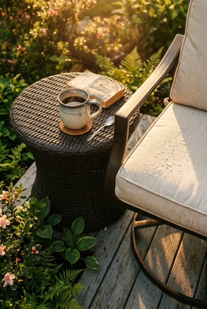 Sunbrella cushion and HDPE wicker outdoor furniture detail for small patio