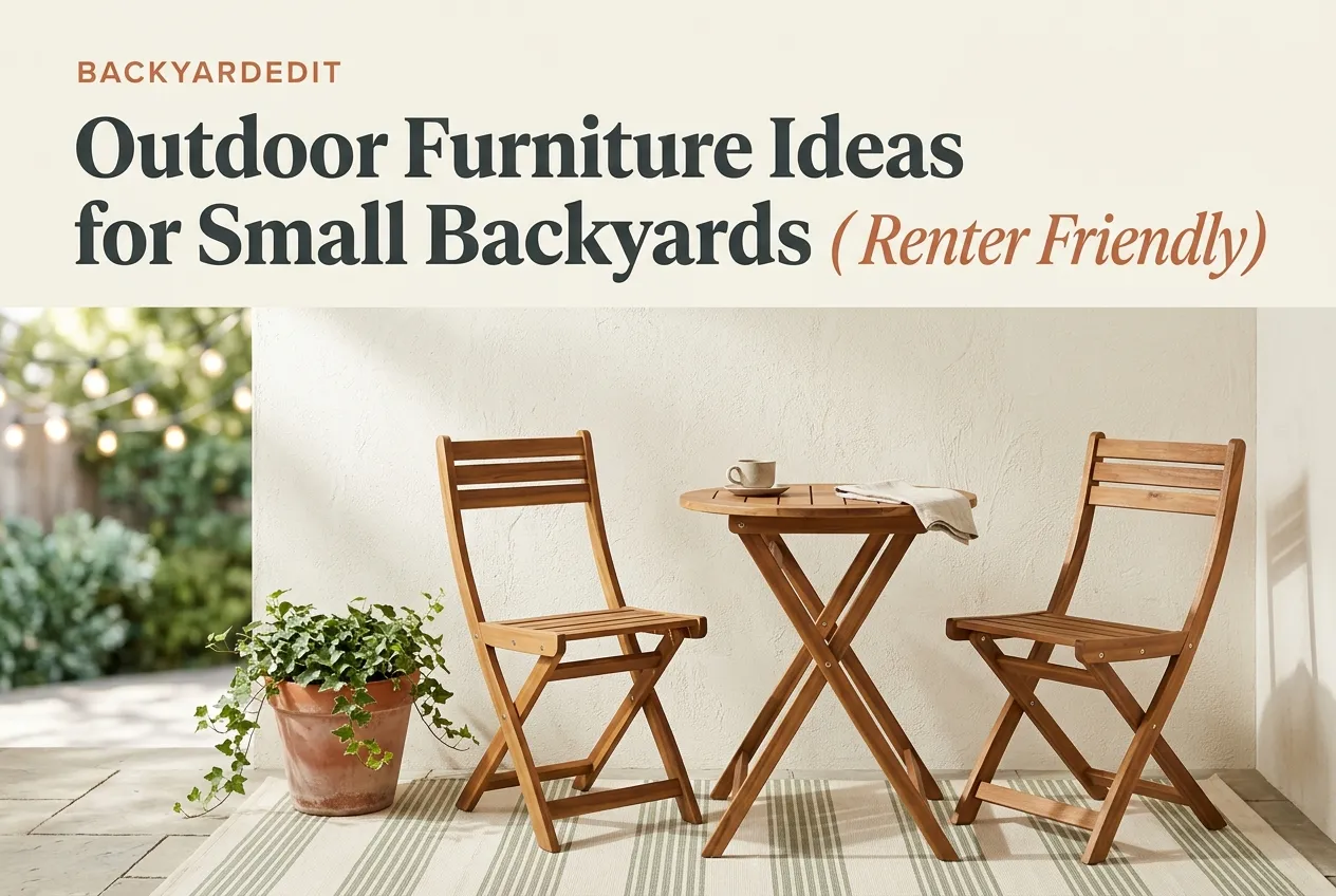 Pinterest pin for small outdoor furniture ideas showing a cozy bistro set and string lights on a renter friendly patio