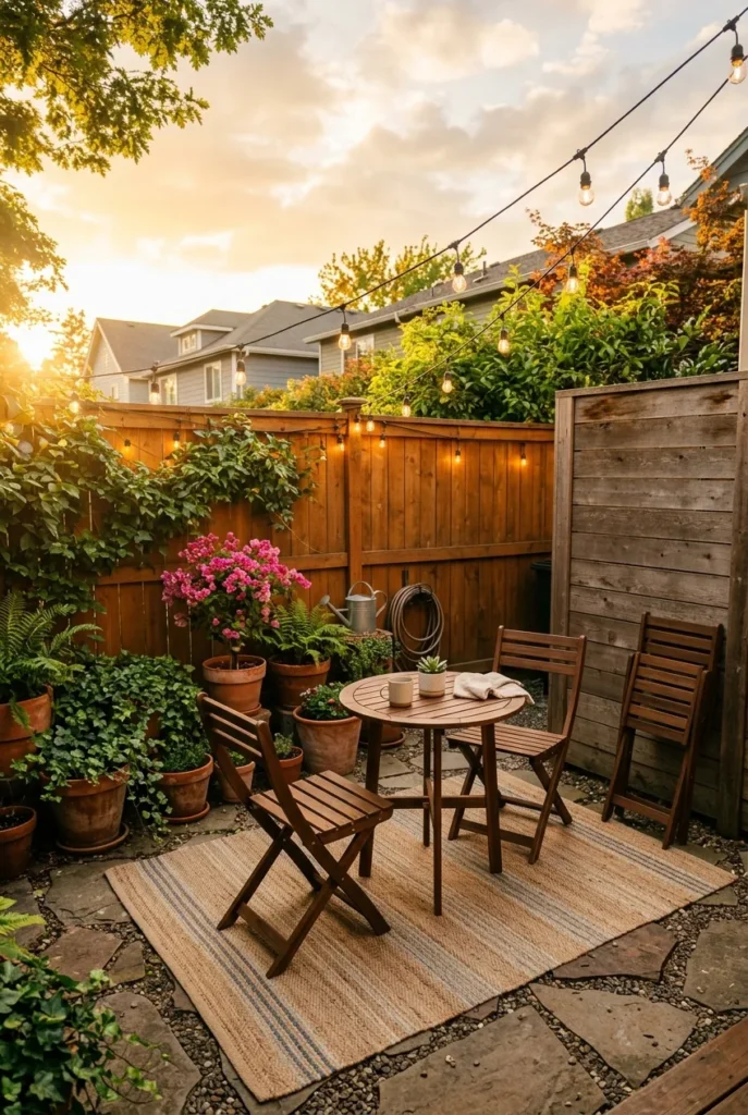 Small renter backyard with bistro set and warm white string lights at golden hour