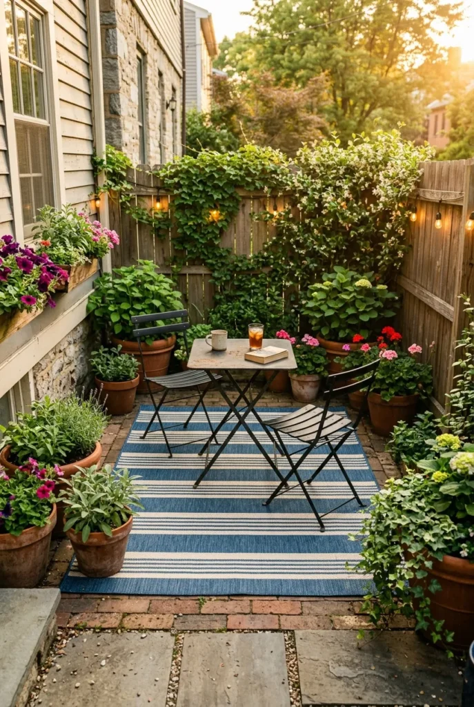 Small patio anchored with indoor outdoor rug and folding chairs