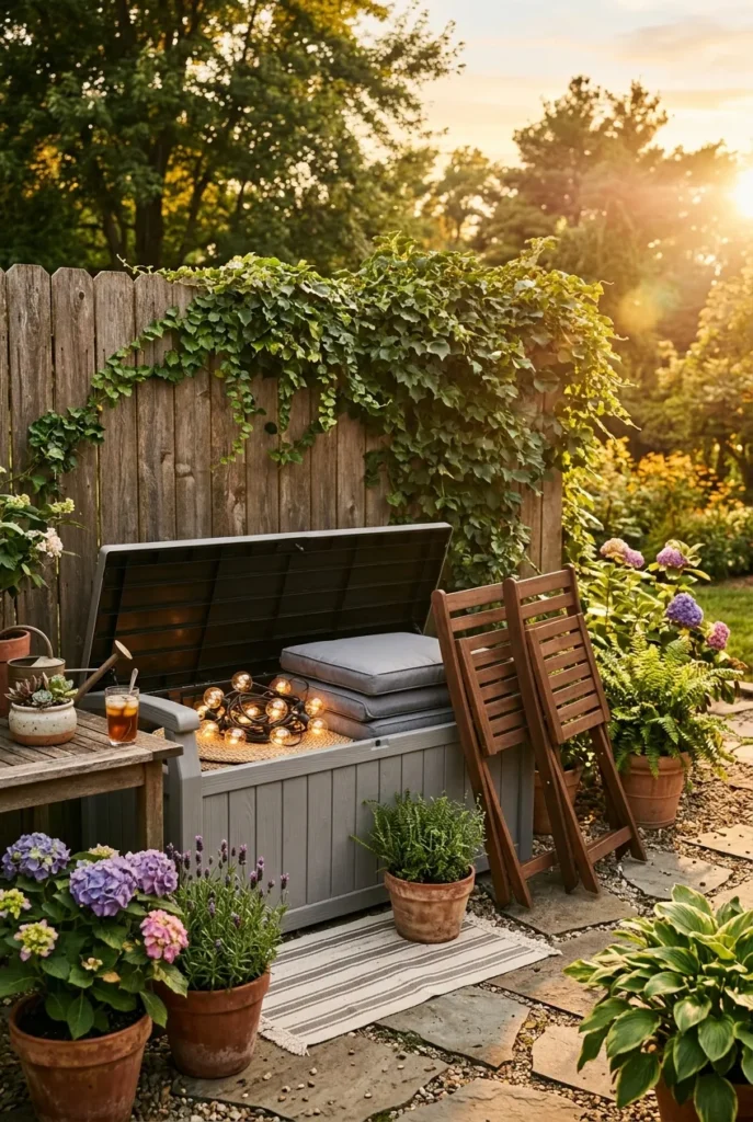 Outdoor storage bench solution for small renter patio without garage
