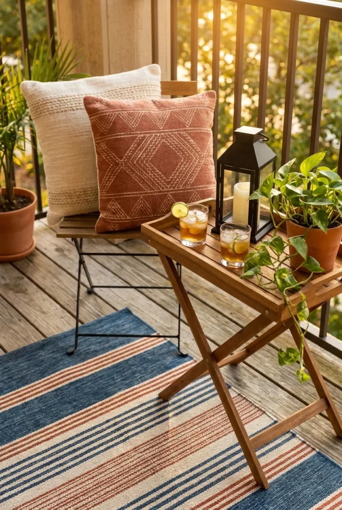 cozy apartment patio vignette with rug pillows and lantern