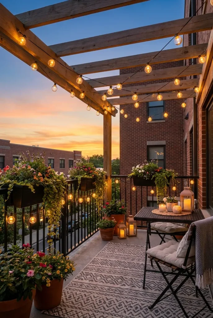 finished cozy small apartment patio at sunset with string lights and plants