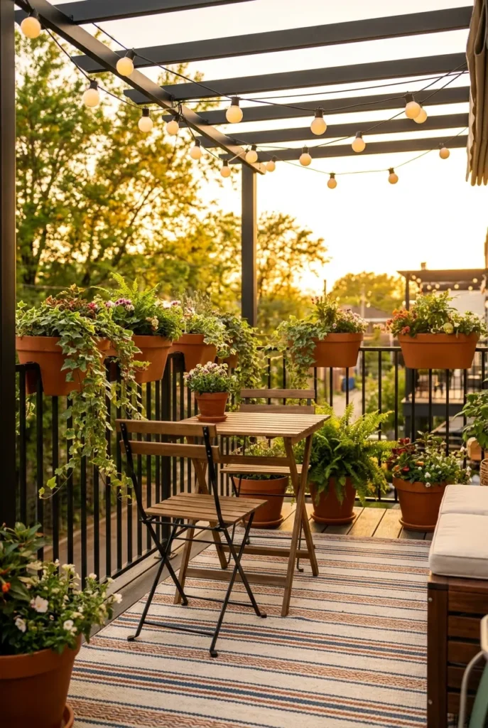 cozy small apartment patio with bistro set rug and string lights at sunset