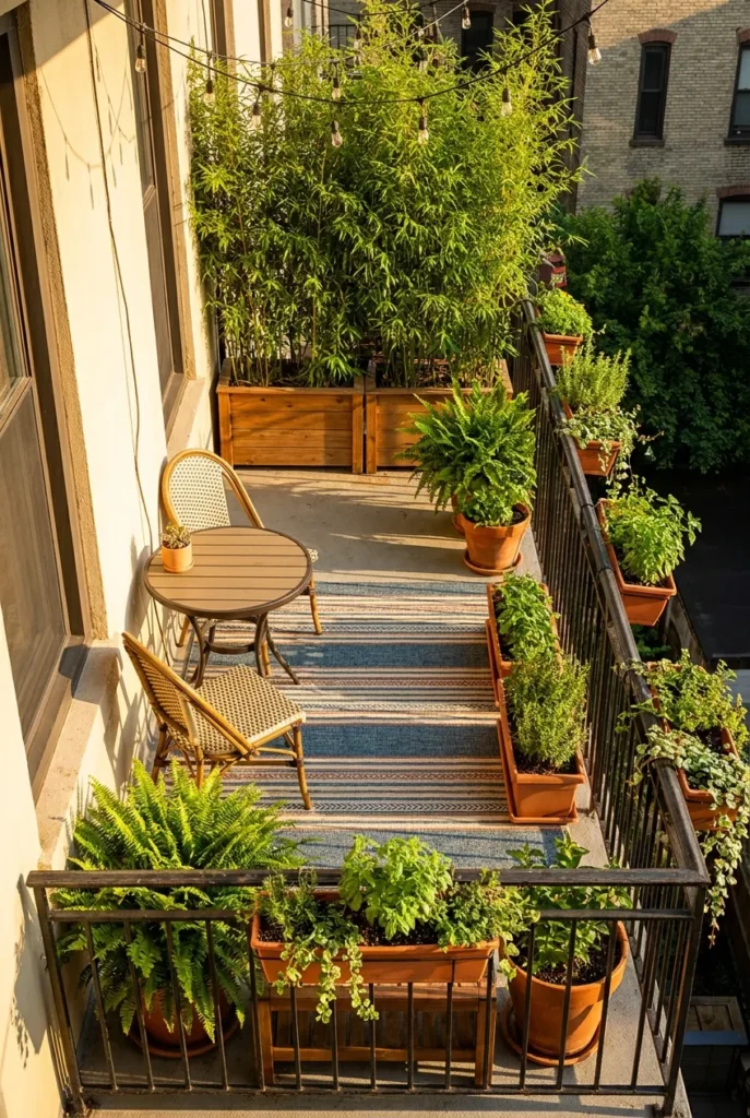 narrow apartment patio layout zoned into seating and plant areas