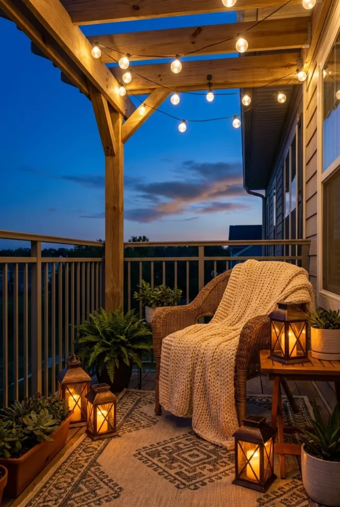 small apartment patio string lights and lanterns glowing at dusk