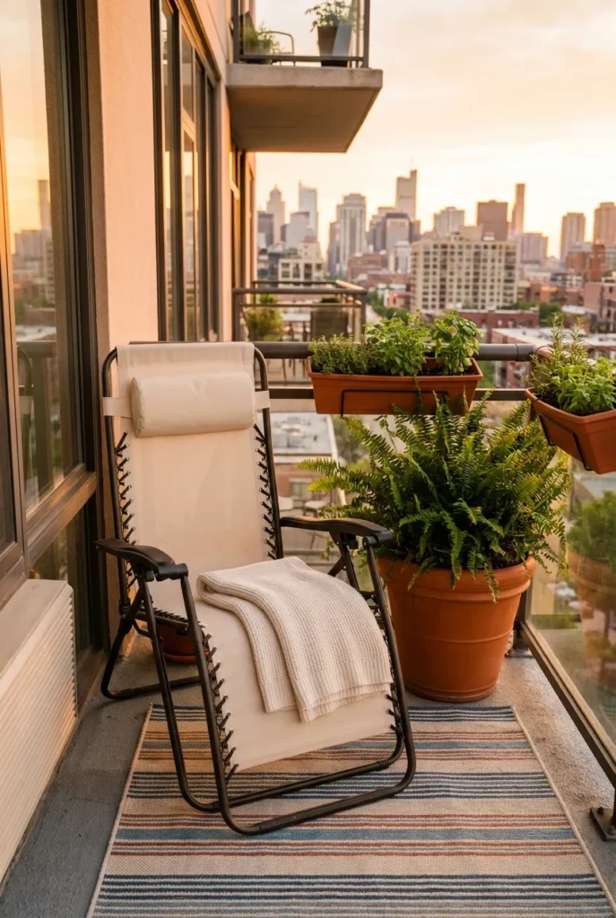 small apartment patio reading nook with zero gravity chair and rug