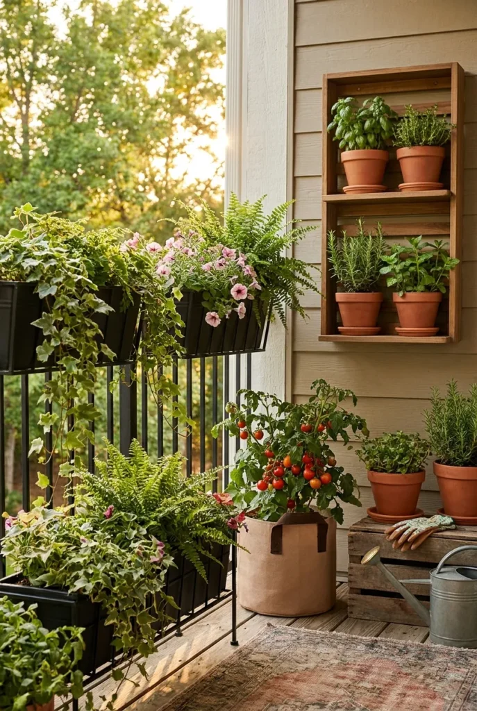 vertical apartment balcony garden with railing planters and herbs