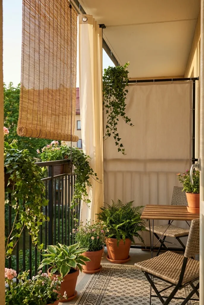 no drill apartment balcony privacy screen with blinds and curtains