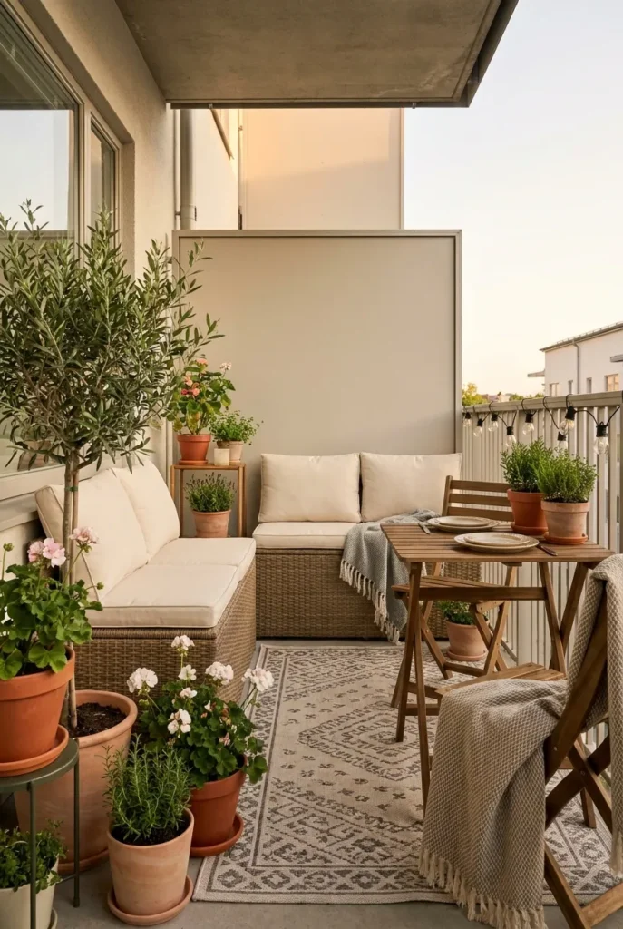 renter friendly apartment patio setup with storage bench and movable pots