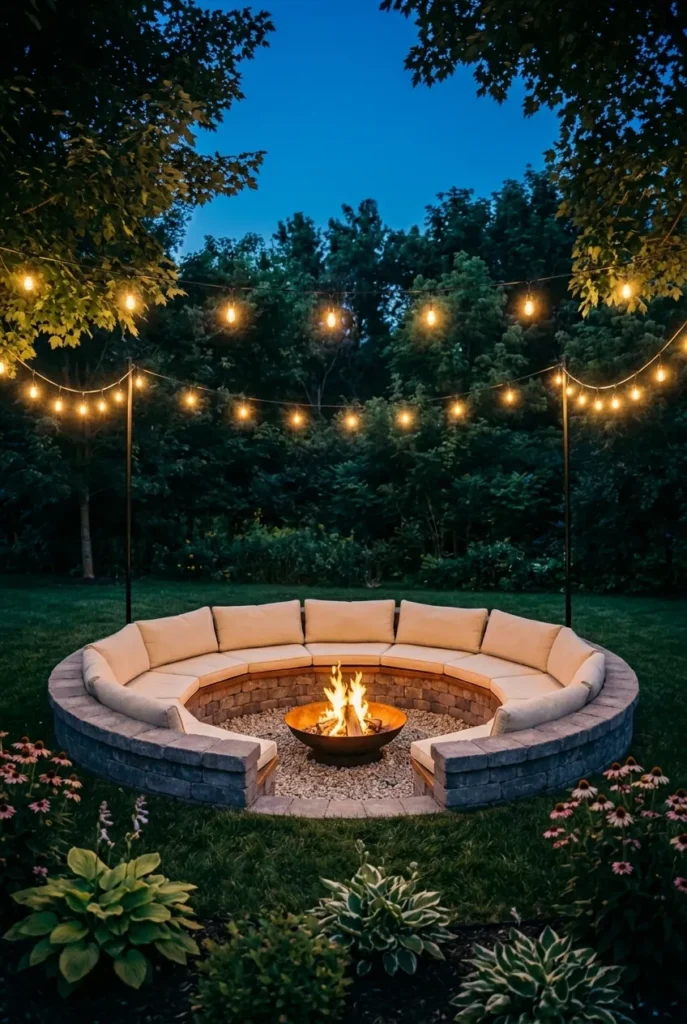 small sunken fire pit seating area for a compact backyard at dusk