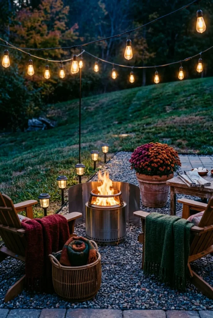 Year round solo stove backyard setup in fall with throws and string lights