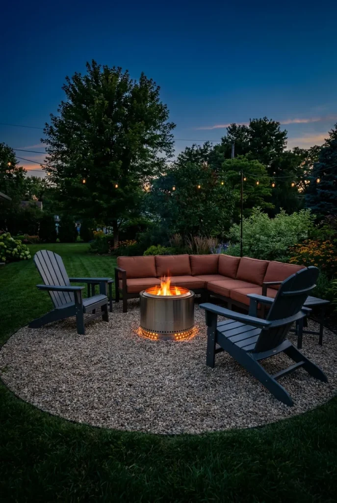 Solo stove backyard ideas with Bonfire 2.0 on gravel and Adirondack seating at dusk