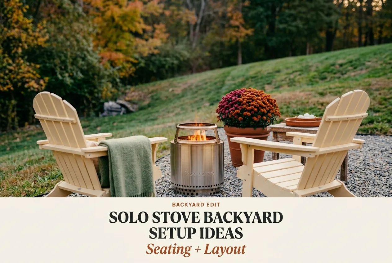 Solo stove backyard ideas with Bonfire 2.0 and cozy Adirondack seating at dusk