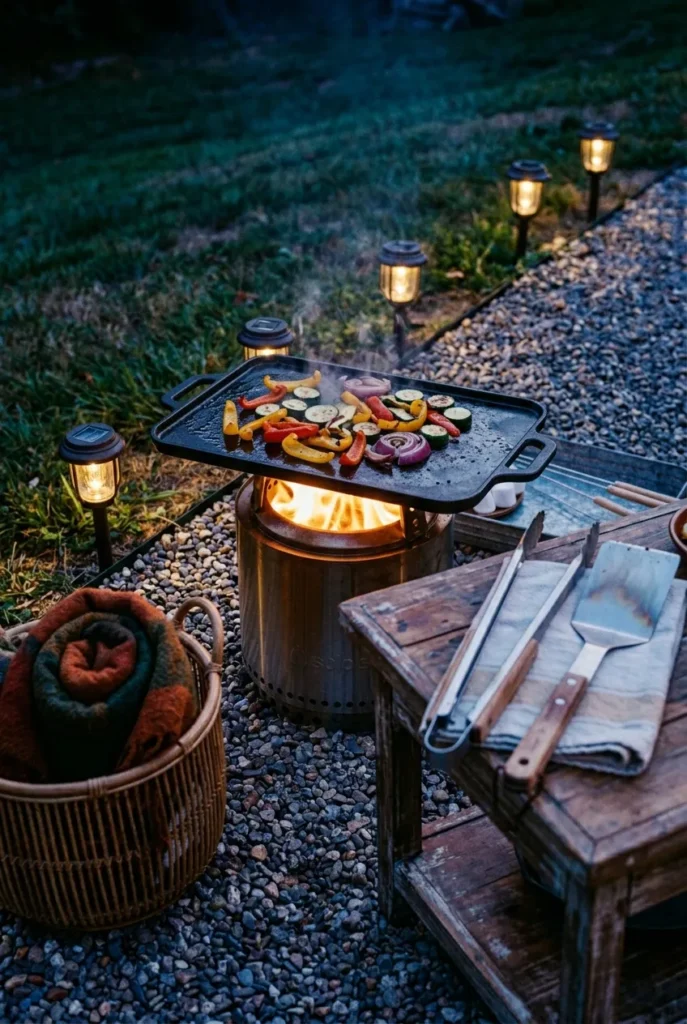 Solo stove outdoor cooking setup with a cast iron griddle and prep cart