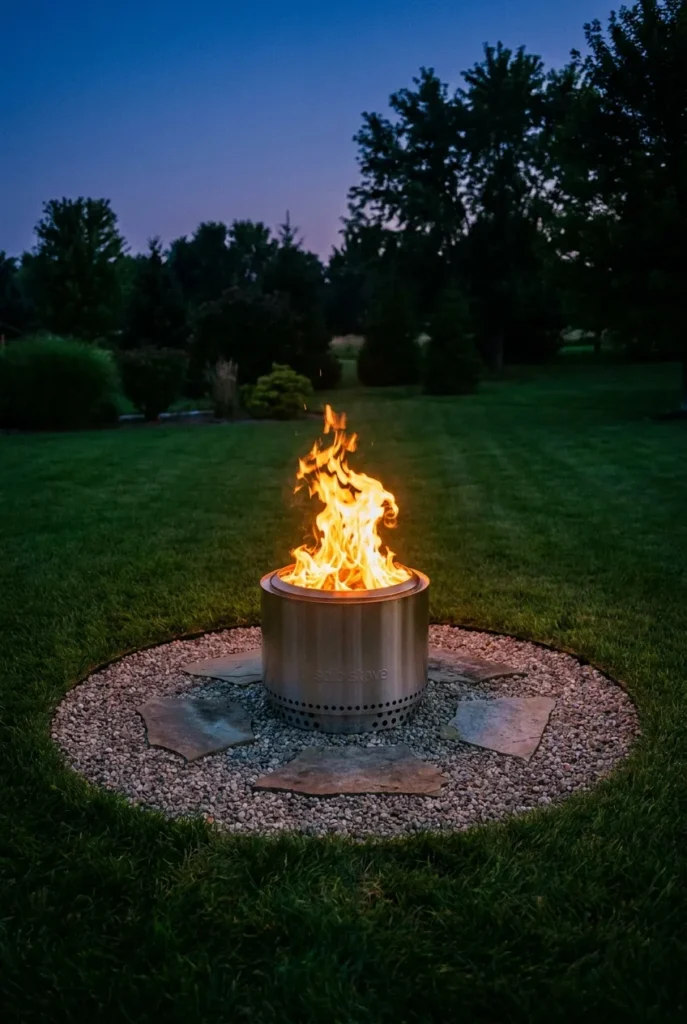 Solo stove on a pea gravel base pad protecting the backyard lawn
