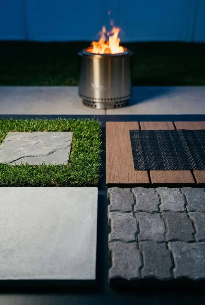 Solo stove safe base comparison of grass deck concrete and pavers