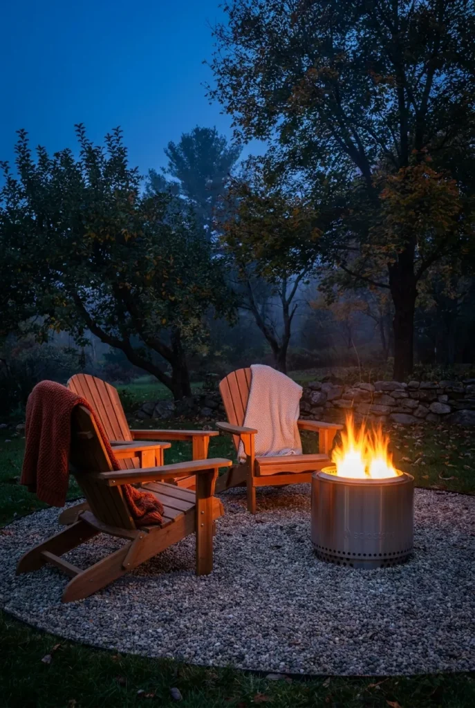 Cozy backyard fire pit seating ideas with Adirondack chairs around a solo stove