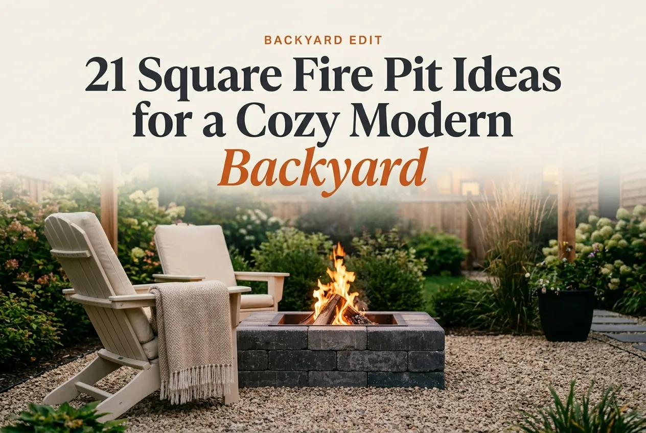 Square fire pit ideas Pinterest pin with modern paver pit and cozy Adirondack chair at dusk
