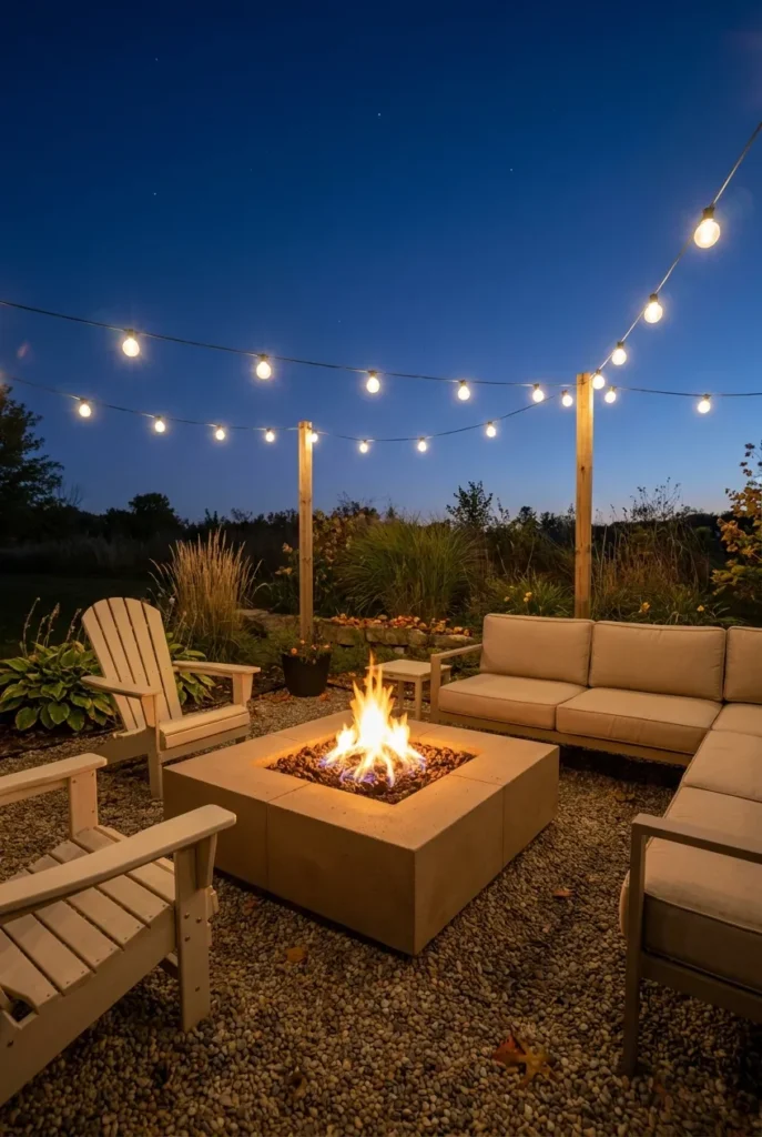 Modern square fire pit ideas in a cozy backyard at dusk with string lights