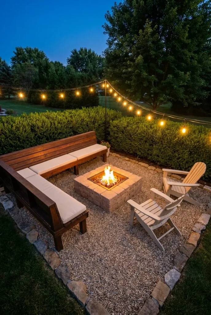 Square fire pit seating area with corner storage bench layout