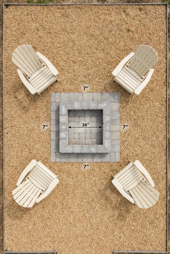 Square fire pit sizing diagram with chair spacing overhead view