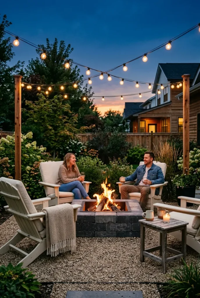 Square fire pit with outdoor string lights for cozy backyard ambience