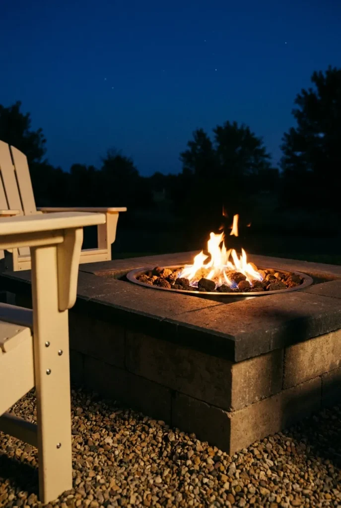 Square paver fire pit close up with lava rock fill and orange flames at dusk