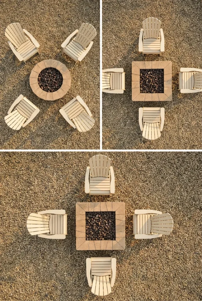 Square vs round fire pit seating layout comparison overhead