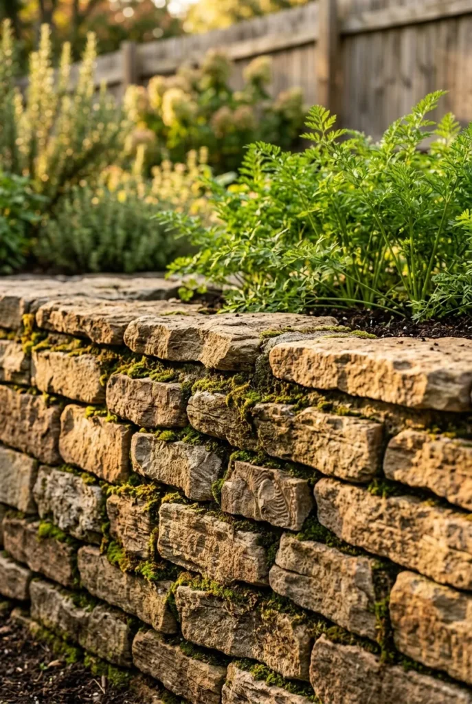 close-up of stacked flagstone raised garden bed wall with mossy joints and carrot tops