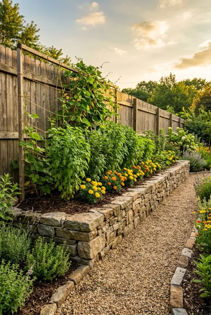 stone raised garden bed along a cedar fence with climbing beans basil and marigolds at golden hour