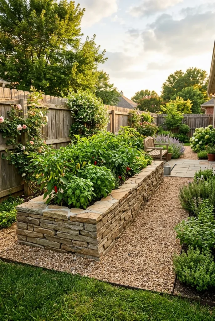 properly built stacked stone raised garden bed with pepper plants in a small backyard