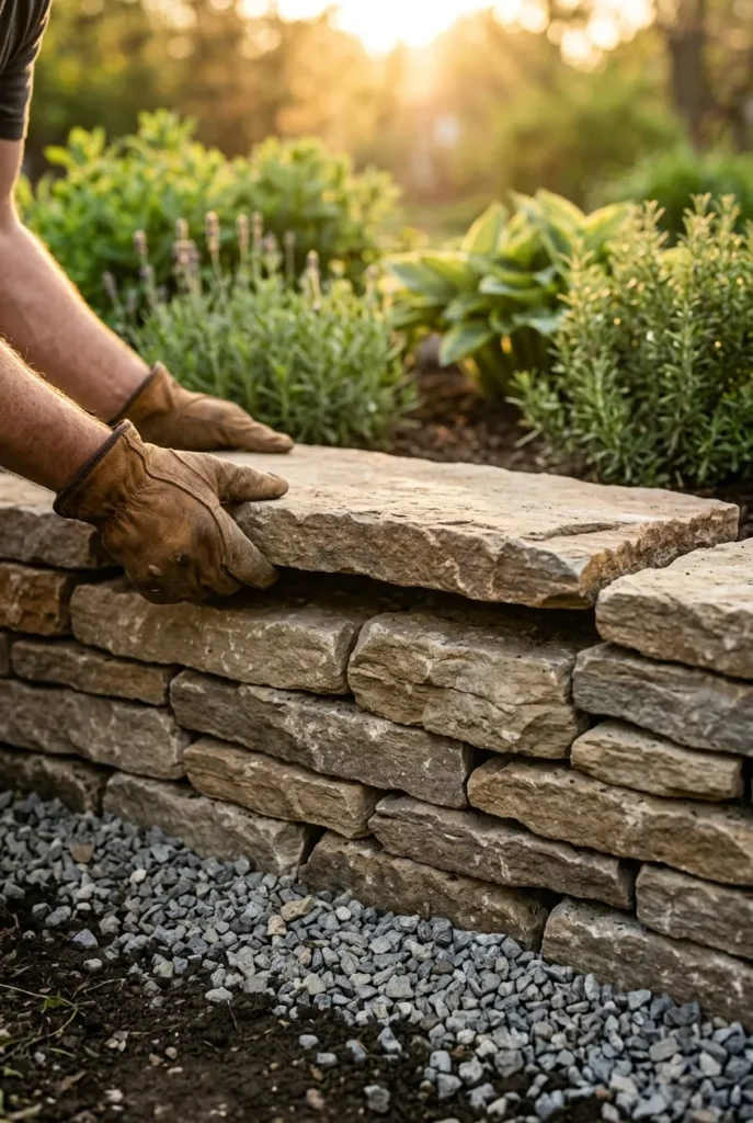 placing a cap stone on a no-mortar dry-stacked flagstone raised garden bed
