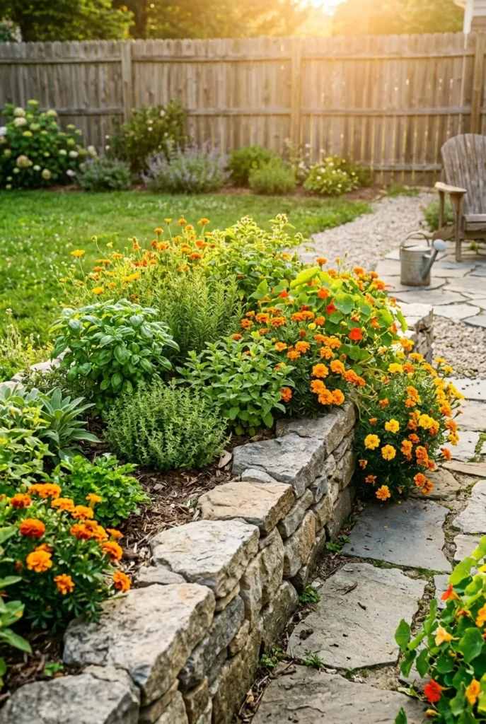 DIY stone raised garden bed filled with herbs and marigolds in a sunny backyard