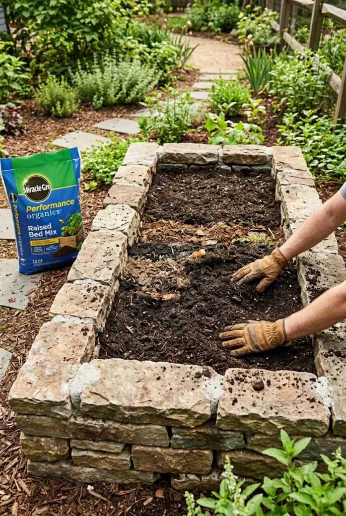 filling a stone raised garden bed with layered soil and compost