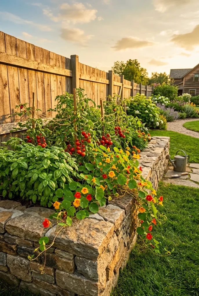 stone raised garden bed with tomatoes and herbs along a cedar backyard fence at golden hour