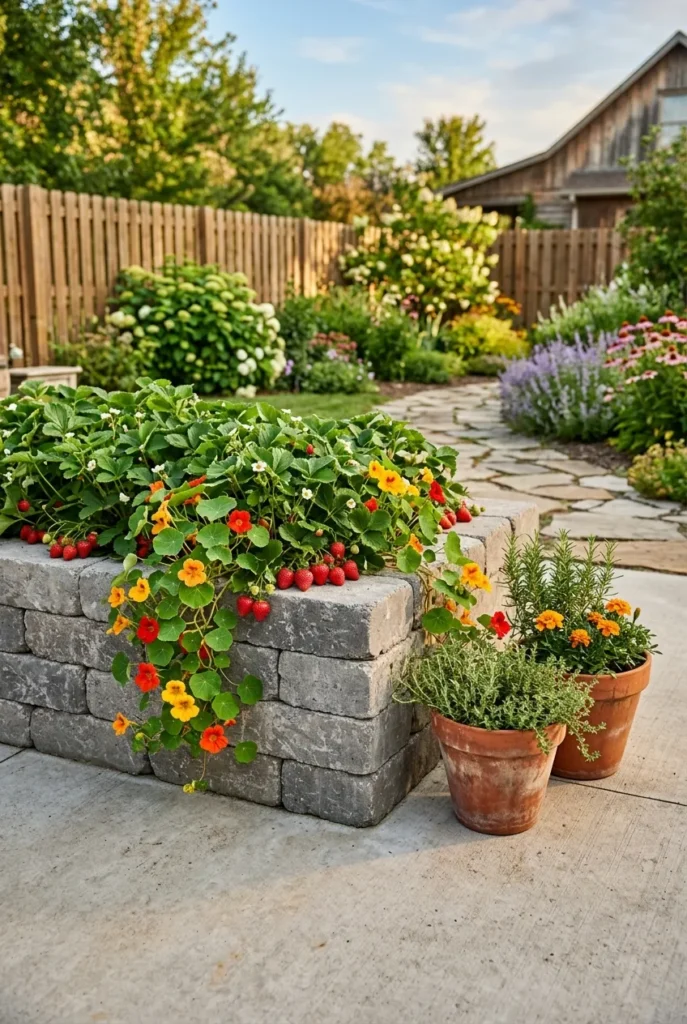 stone raised garden bed on a concrete patio with strawberries and nasturtiums