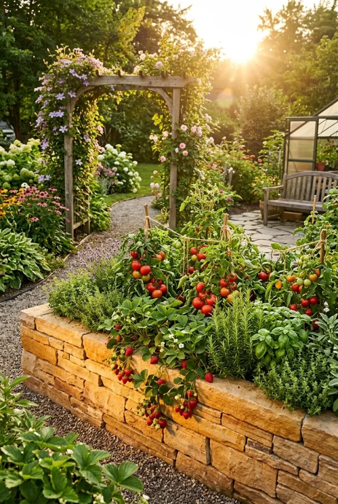 stone raised garden bed overflowing with tomatoes strawberries and herbs at golden hour