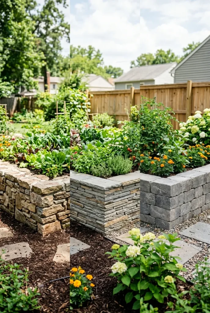 three stone types for raised garden beds: field stone, flagstone, and retaining wall block side by side