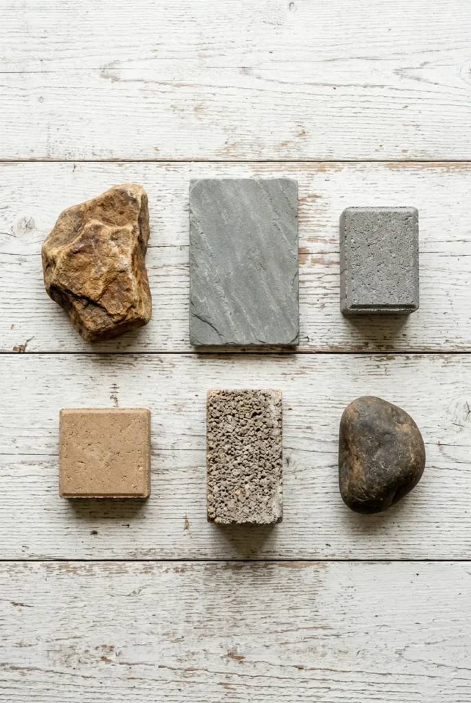 six types of stone for raised garden beds compared in a flatlay on white wood