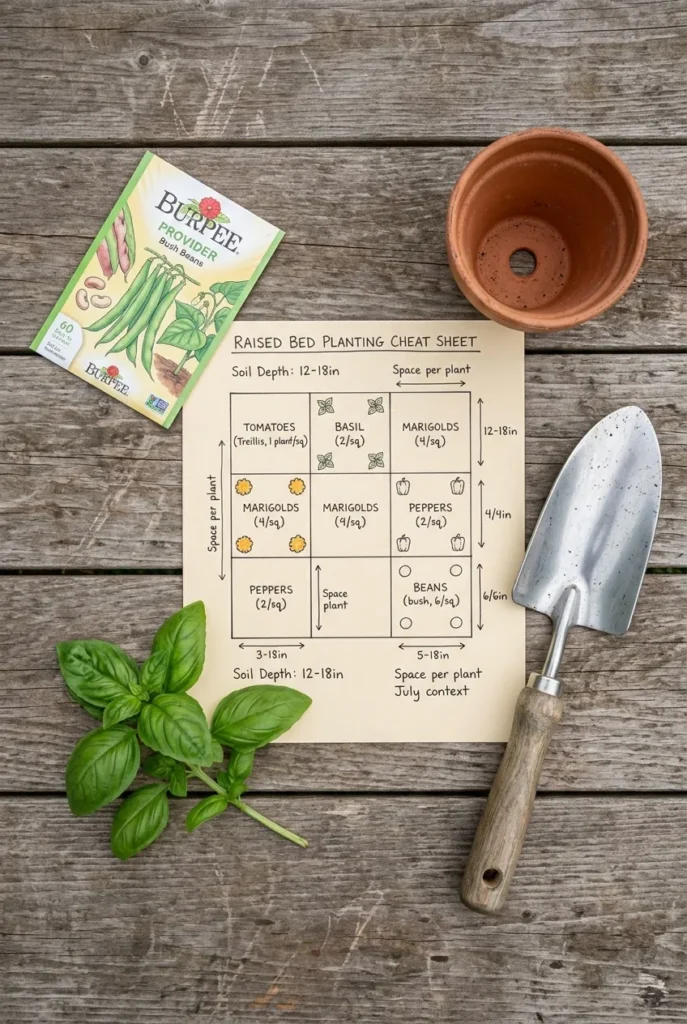 Flat lay of a raised bed summer planting cheat sheet with seeds, trowel, and basil.