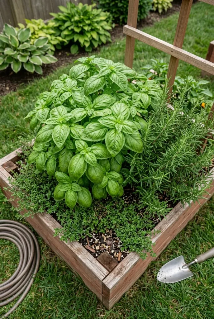 Basil, rosemary, and thyme growing in a corner of a summer raised garden bed.