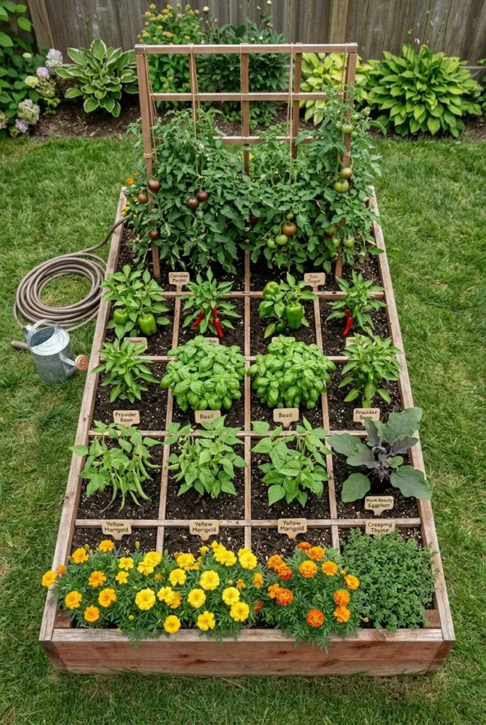 Overhead view of a planted summer raised bed with grid spacing in Zone 7.