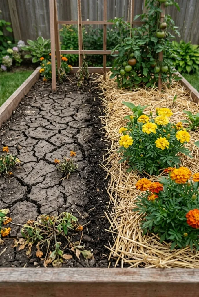 Cracked dry soil next to straw-mulched soil in a summer raised bed.What to Plant in Raised Garden Beds in Summer