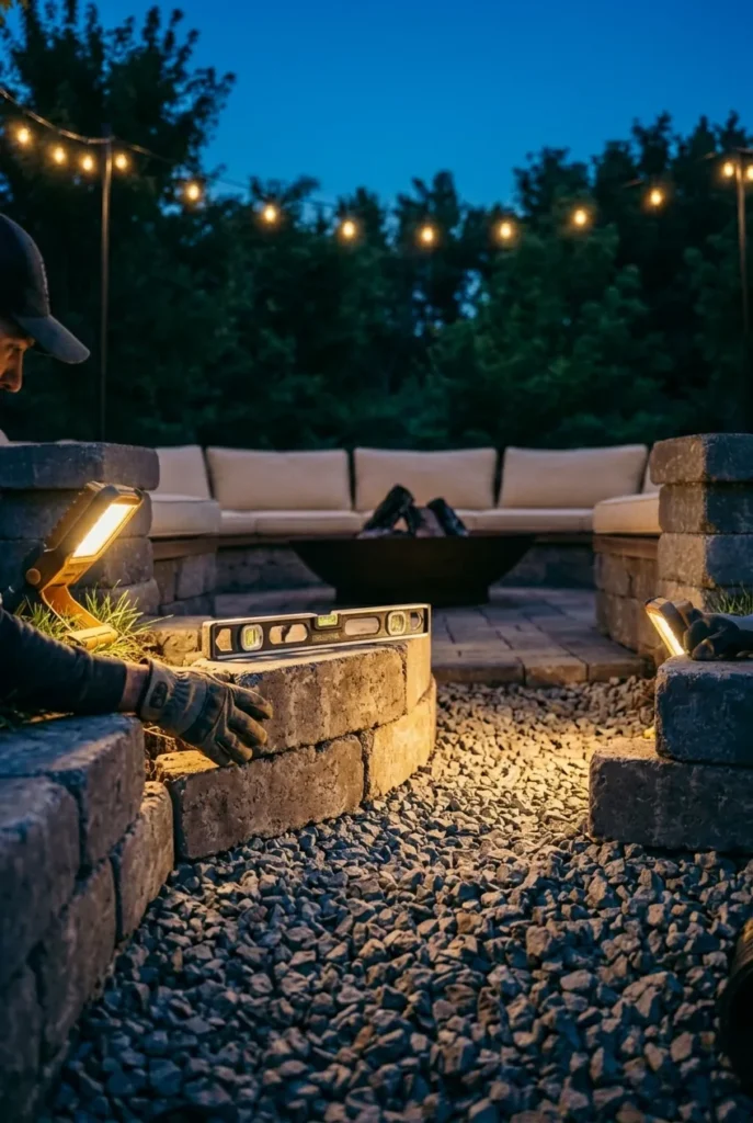 setting curved retaining wall blocks for a sunken fire pit at dusk