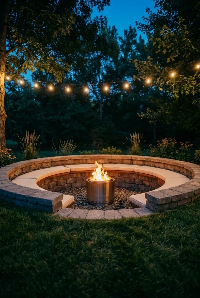 circular sunken fire pit seating area with timber benches and low flame