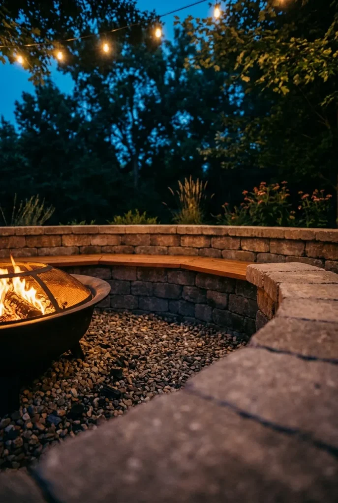 close-up of sunken fire pit coping and gravel drainage base at dusk