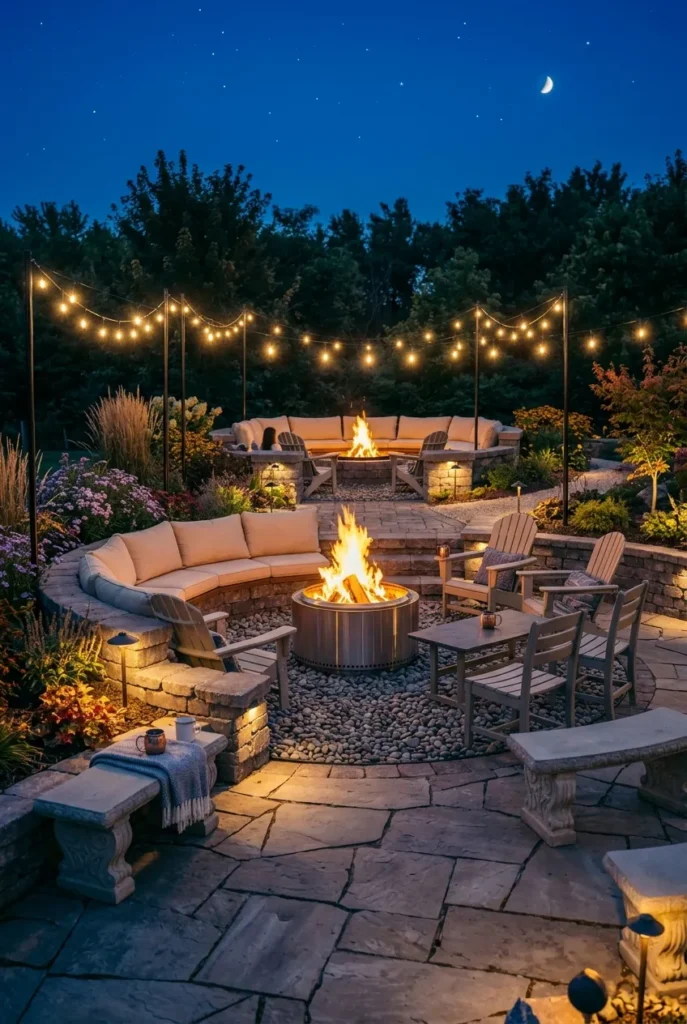 mid-range sunken fire pit seating area lit warmly at night