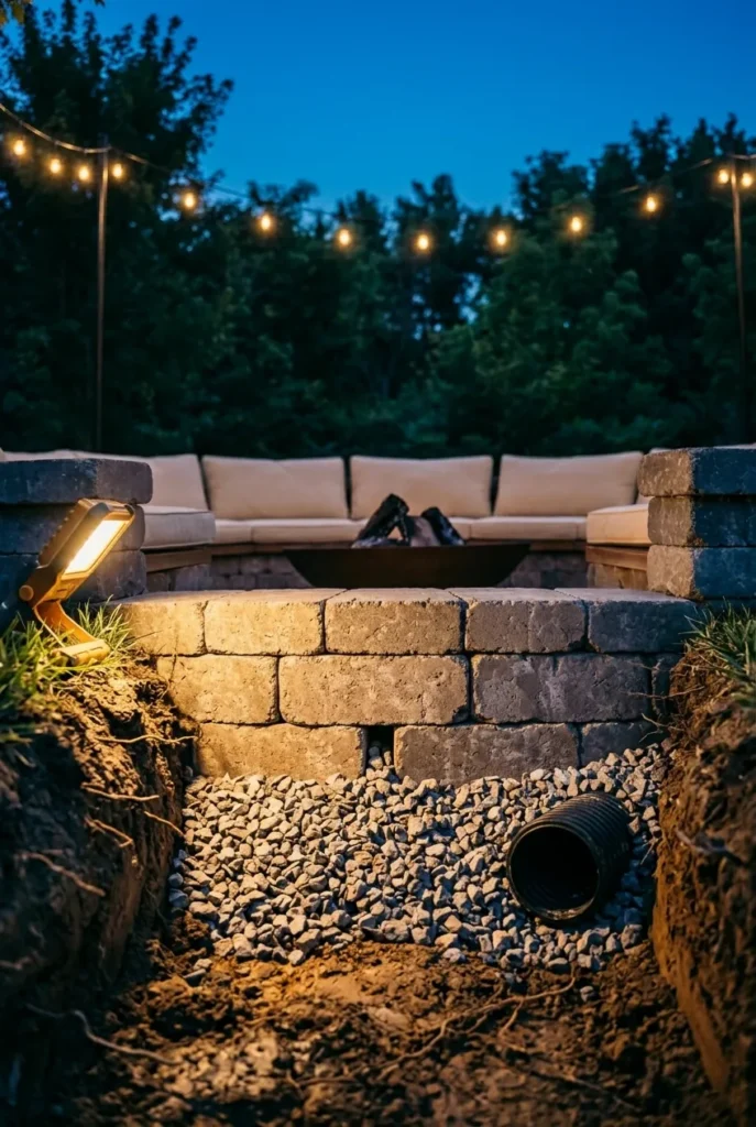 sunken fire pit gravel drainage base and drain pipe detail